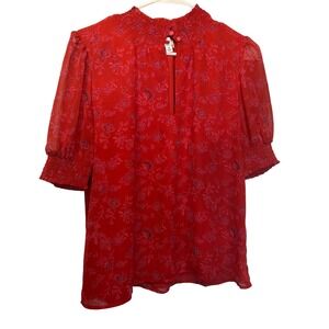 Evereve Red Floral Smocked Neck Bishop Sleeve Blouse Size M